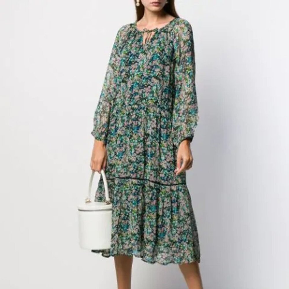 Cecilie Copenhagen Green Floral Long Sleeve Midi Dress